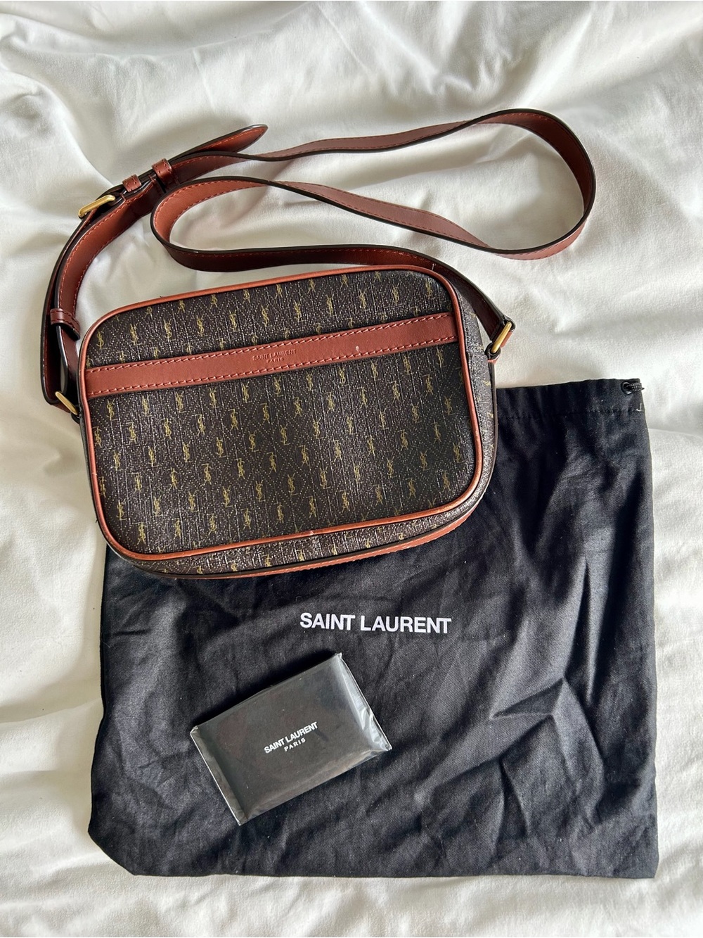 Saint Laurent Brown Monogram Leather-Trim Messenger Bag